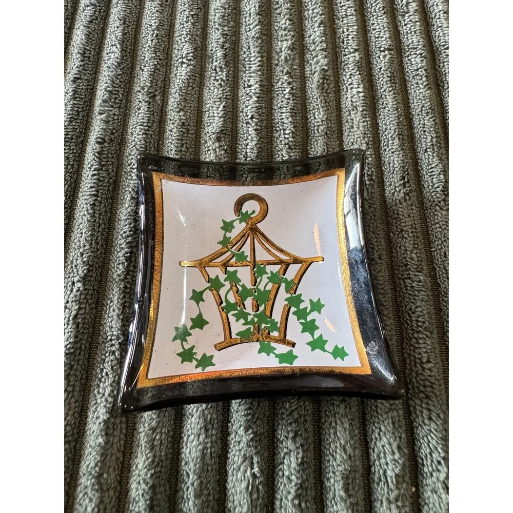 Hand Painted Glass‎ Ashtray Trinket Dish Decorative Lantern Ivy Gold Trim Square
